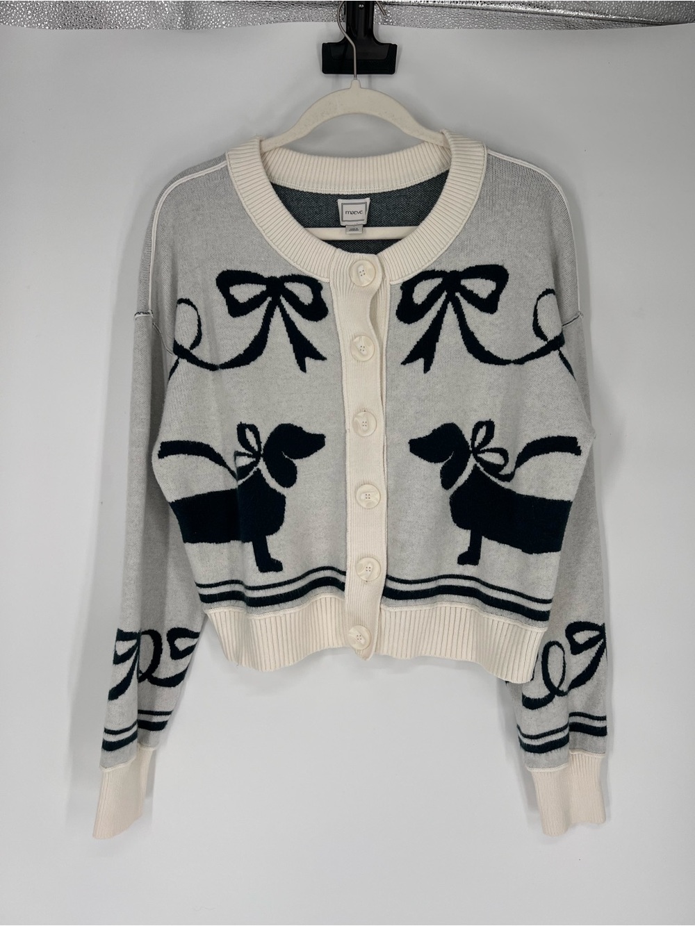 Maeve Cream Black Dachshund & Bow Motif Knit Cardigan Girly Coquette Sweater L
